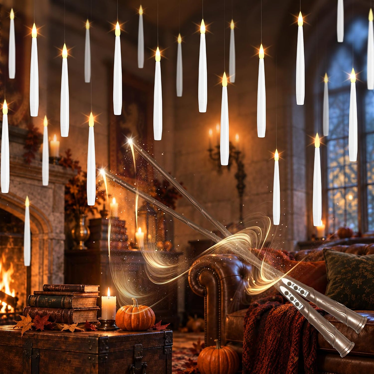 Floating Candles with Wand, Halloween Magic Flameless Candles