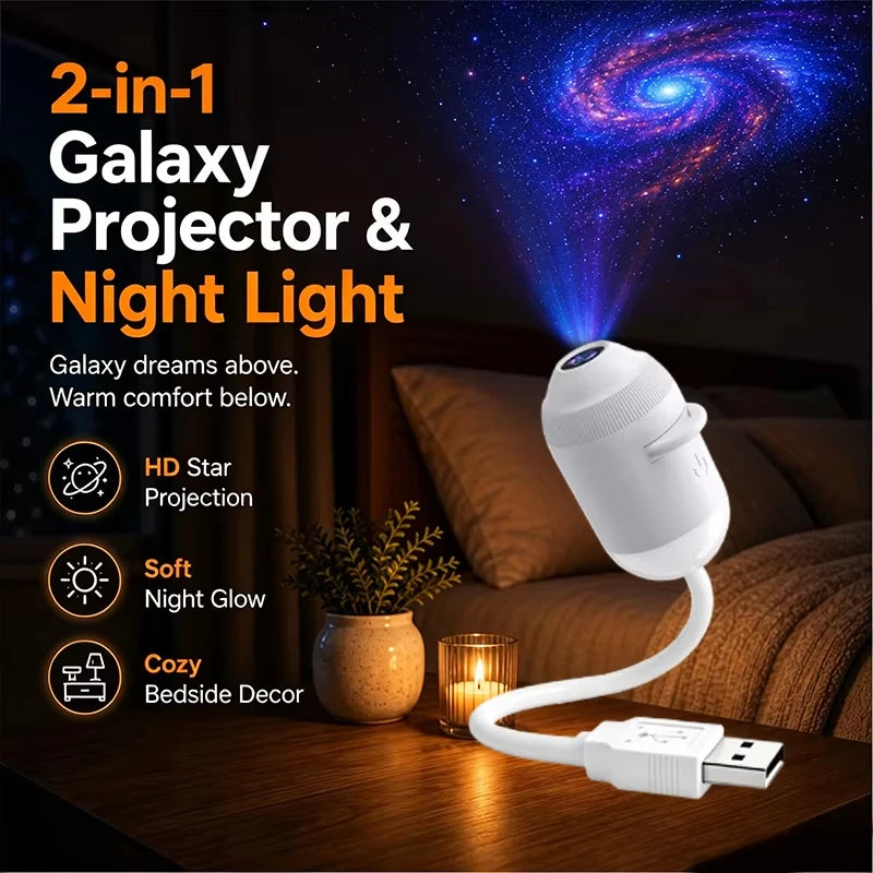 2-in-1 galaxy projector and warm night light projecting stars on the ceiling