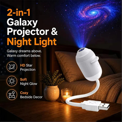 2-in-1 galaxy projector and warm night light projecting stars on the ceiling