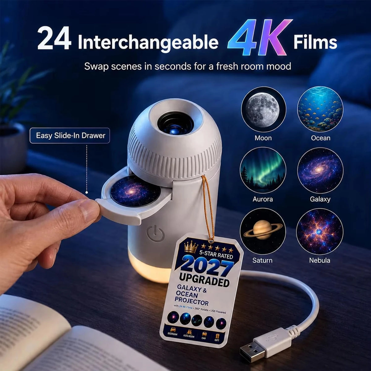 Glowbit projector with swappable HD films: moon, aurora, galaxy, Saturn, ocean, nebula