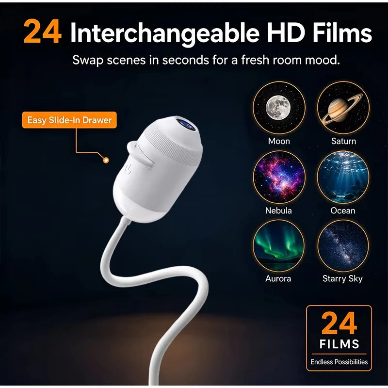 24 interchangeable HD projection films with slide-in drawer
