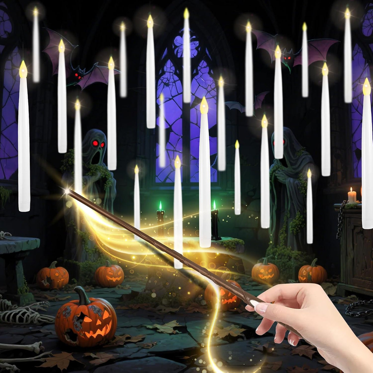 Floating Candles with Wand, Halloween Magic Flameless Candles