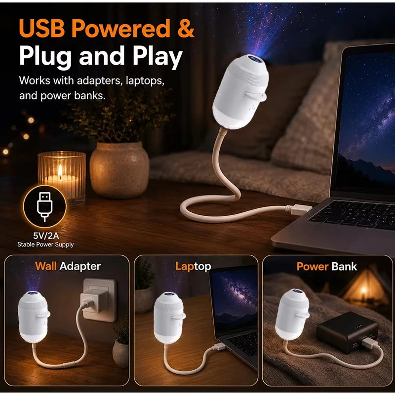 USB-powered galaxy projector works with wall adapter, laptop and power bank