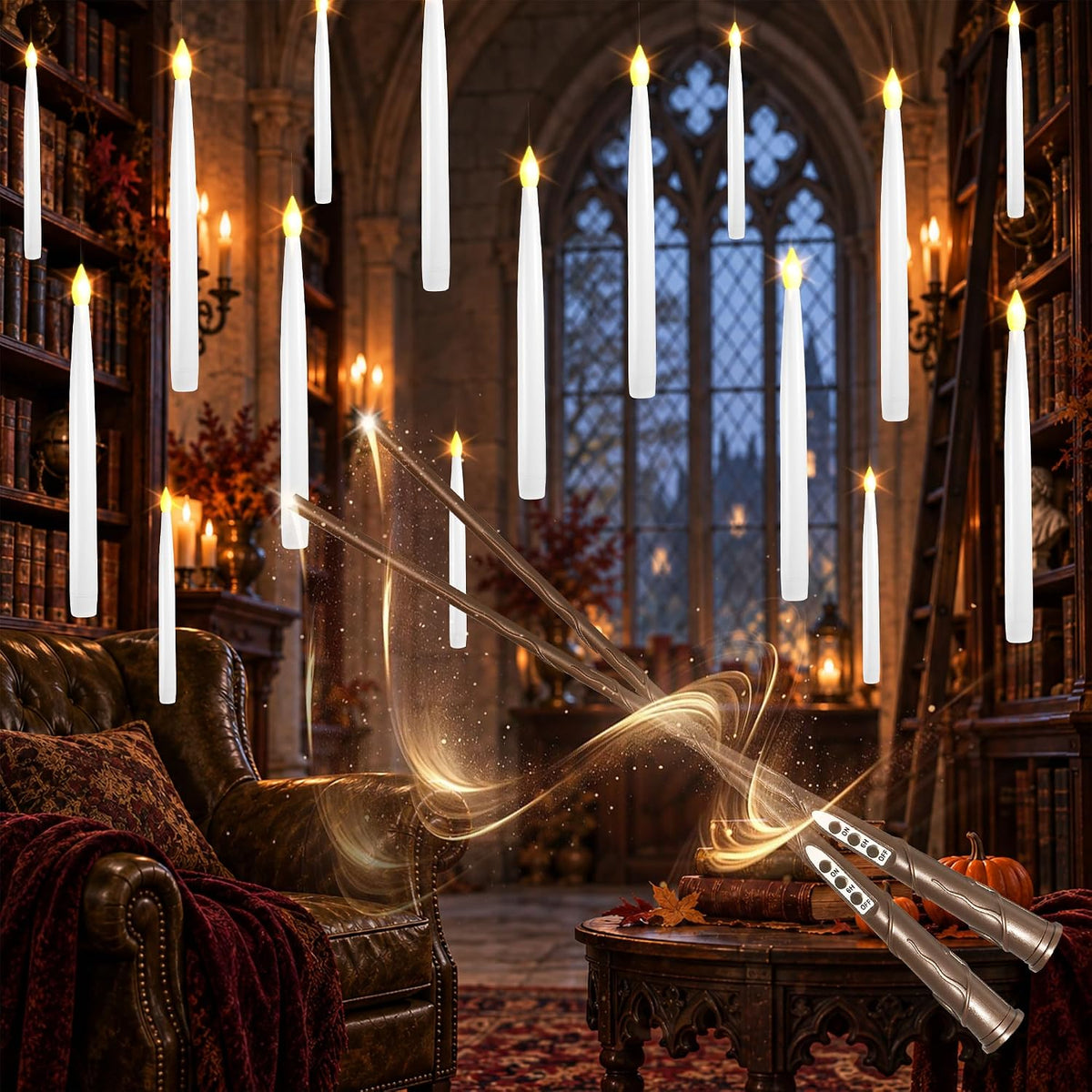 Floating Candles with Wand, Halloween Magic Flameless Candles