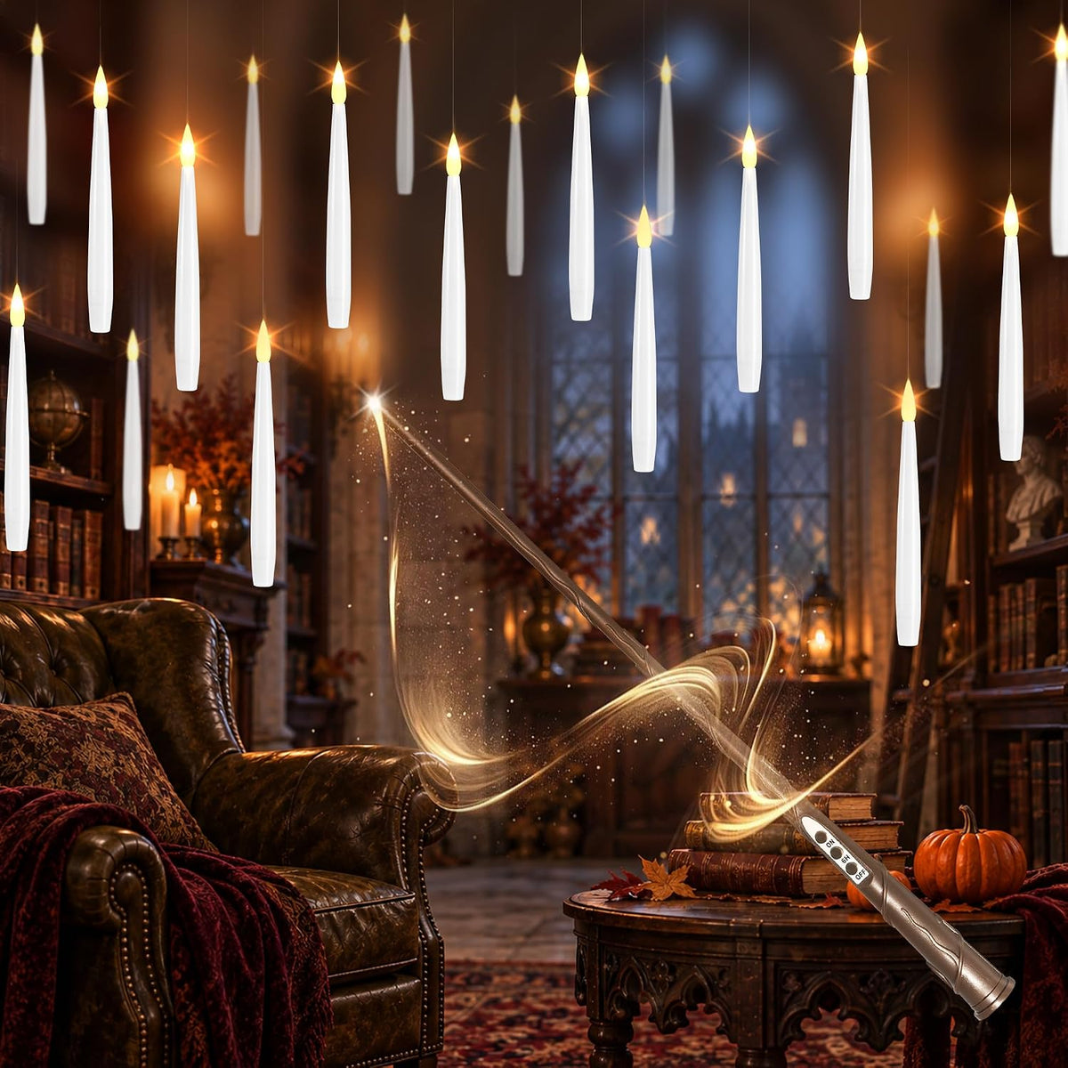 Floating Candles with Wand, Halloween Magic Flameless Candles